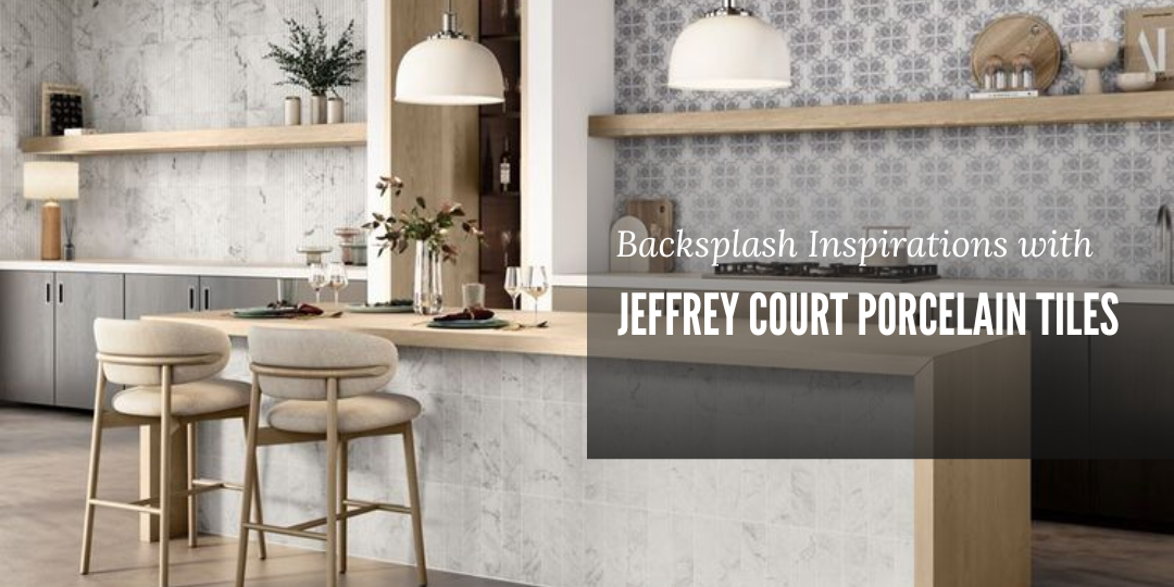 Image is showing text of "Backsplash Inspiration using Jeffrey Court Porcelain Tiles | Image is showing a big room with fancy chair, a countertop, and a kitchen view with backsplash tiles, have a big wall light