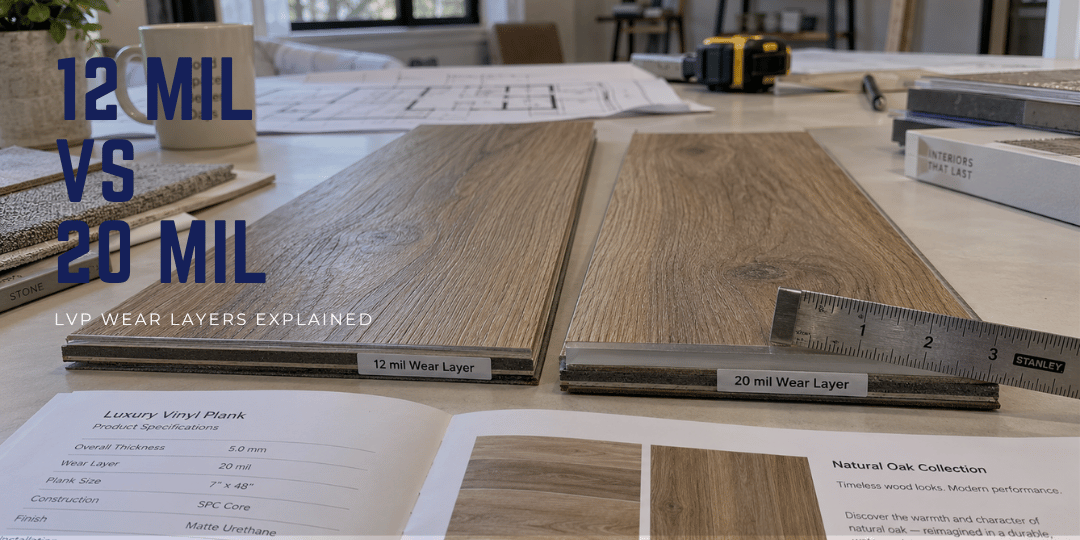 Two luxury vinyl plank samples with different wear-layer constructions placed in a modern living room showing 12 mil and 20 mil LVP comparison.