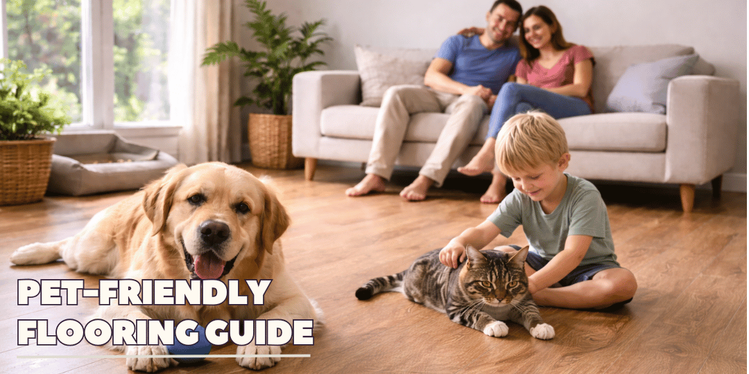 Image is showing Couple sitting on Sofa or Couch, a Boy Playing with cat, and dog looking at camera, with playing ball in his hand, Image have cream color font and written "Pet Friendly Flooring Guide"