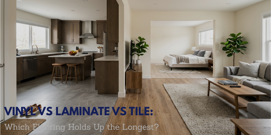 Image is showing 3 different rooms in One, Kitchen, Living Room and Bedroom, Image have a font "Vinyl vs Laminate vs Tile", its a comparison between flooring which can last more