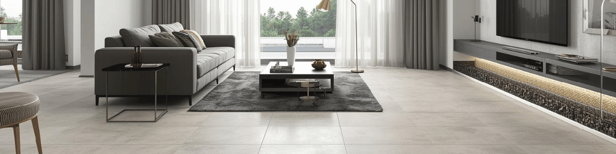 Image is showing a 12x12 Porcelain Tile Installed in a open concept living room with Sofa, Love Seat, and big LED TV