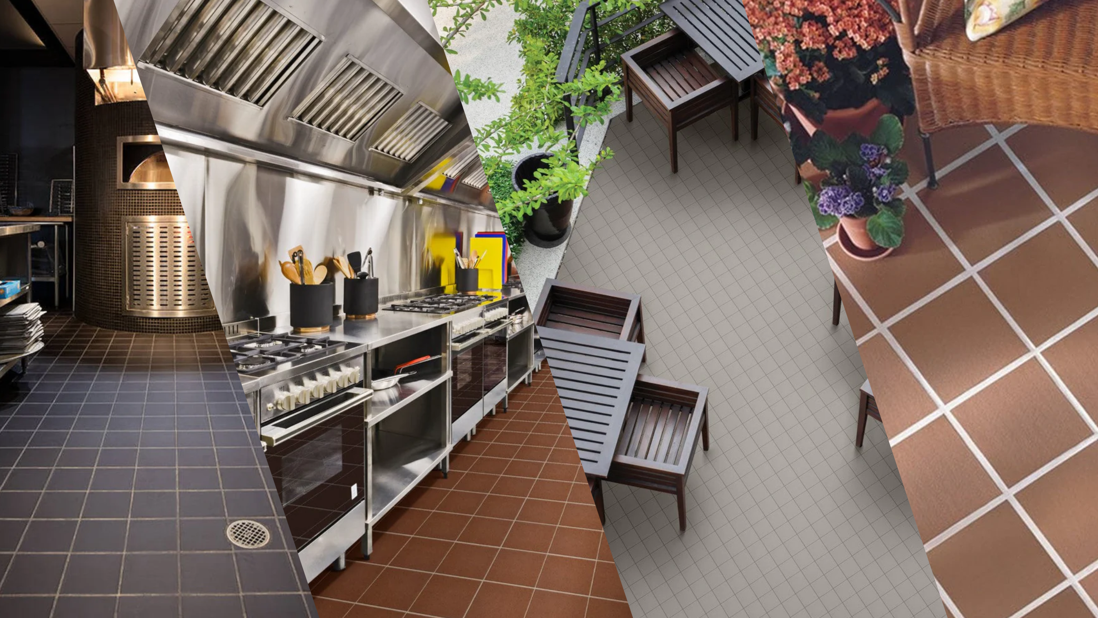 Quarry Tiles Flooring, Quarry Tile Floors, Image is showing quarry tiles installed in commercial kitchens, restaurant, and outdoor patio area.