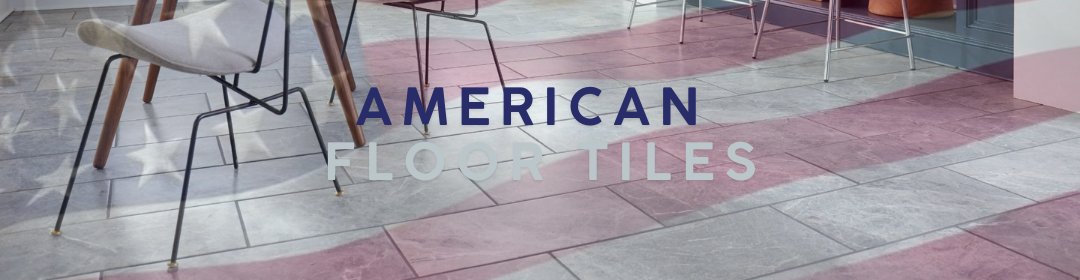 Floor Tile | American Floor Tile | Wood Look American Tile, Image is showing American floor tiles category banner showing flag overlay and interior tile installation