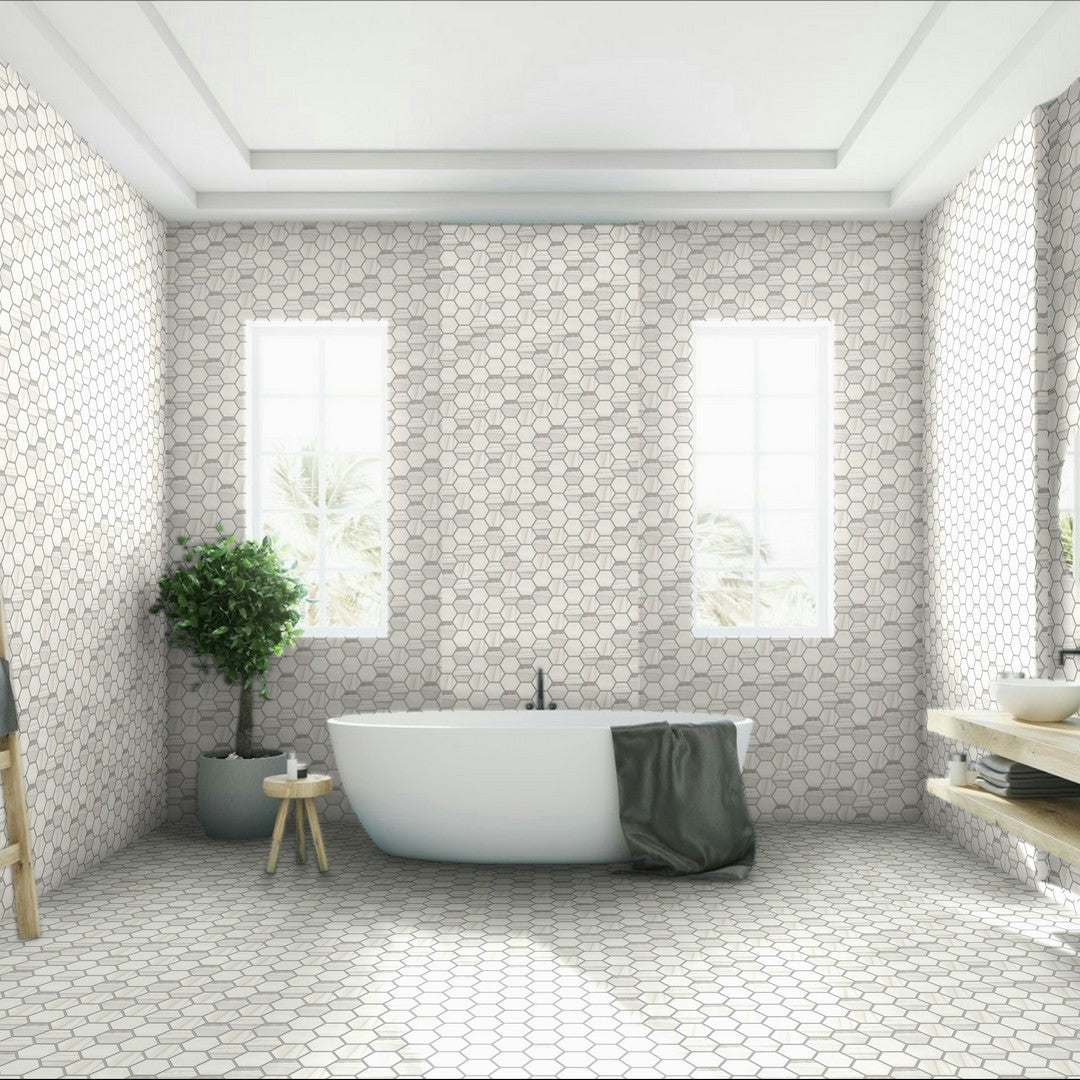 Happy-Floors-Exotic-Stone-12-x-14-Polished-Porcelain-Hexagon-Mosaic-Sale-Arctic-Polished