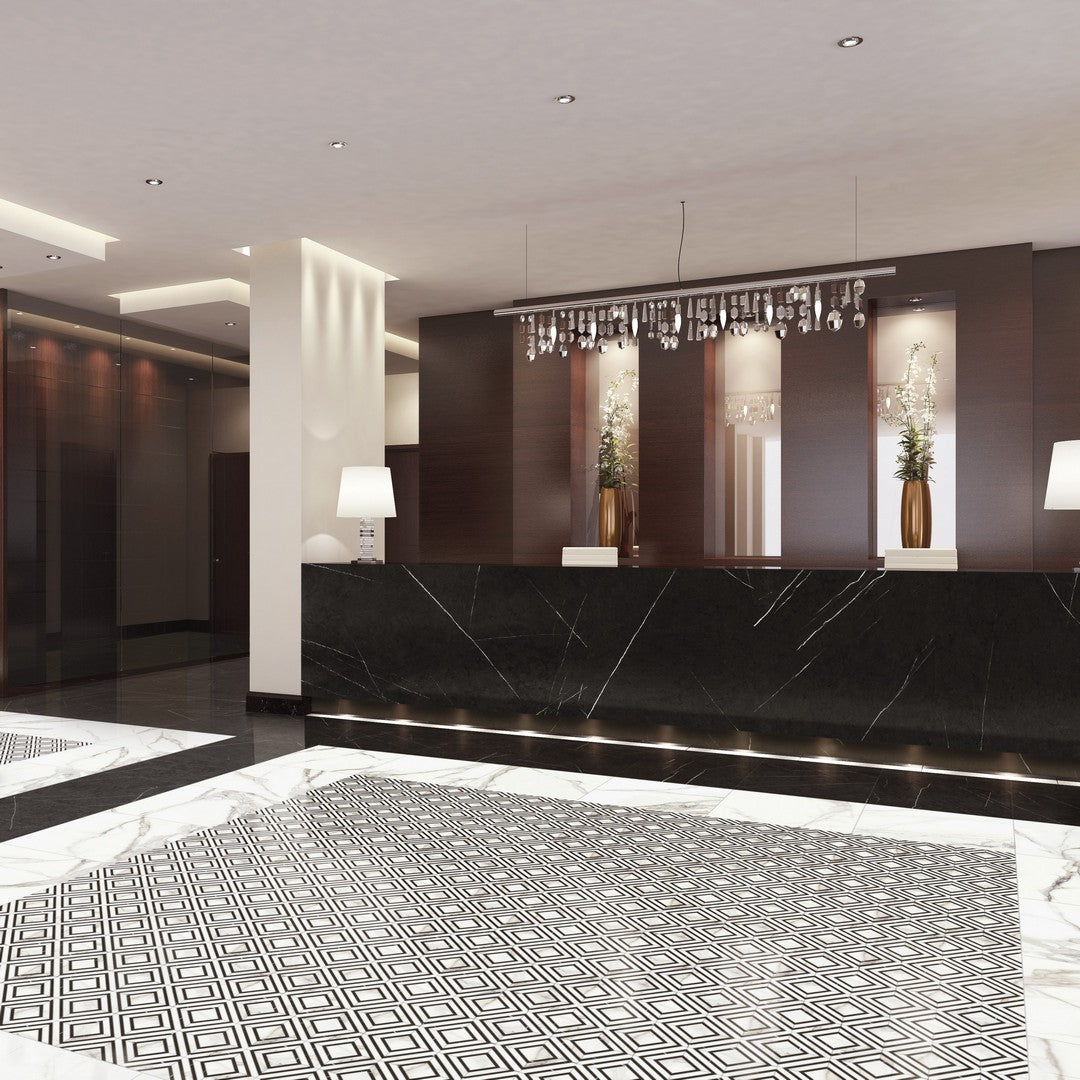 Tesoro-Mayfair-11.75-x-11.75-Rectified-Polished-Piazza-Porcelain-Mosaic-Calacatta-Oro