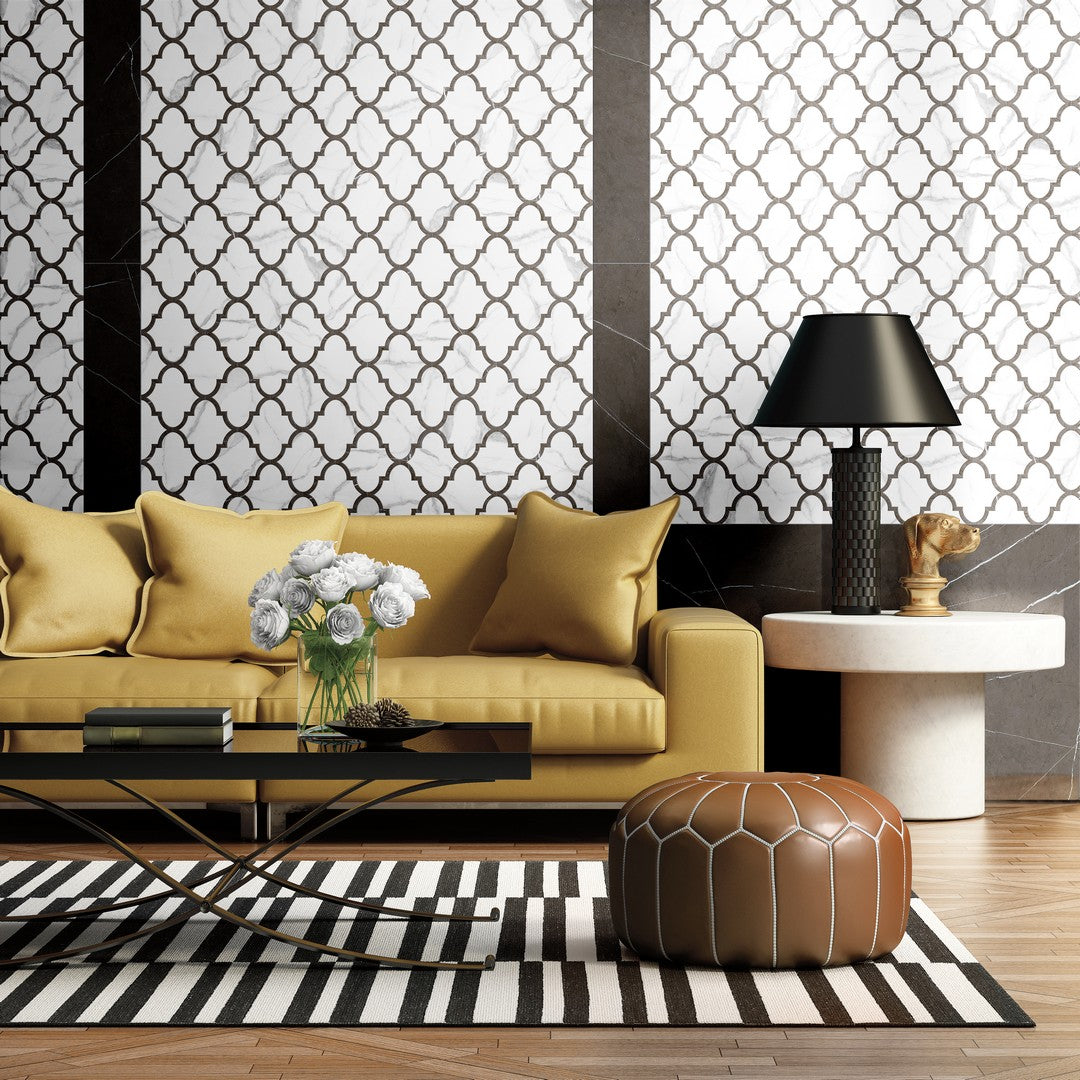 Tesoro-Mayfair-11.75-x-11.75-Rectified-Polished-Arabesque-Porcelain-Mosaic-Statuario-Venato