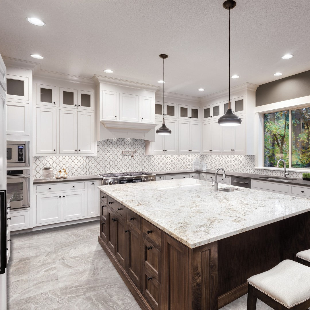 Tesoro-Mayfair-11.75-x-11.75-Rectified-Polished-Arabesque-Porcelain-Mosaic-Volakas-Grigio