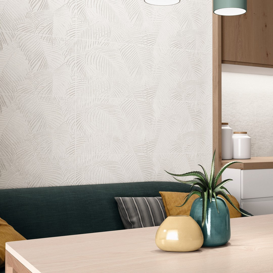 Tesoro-Kentia-12-x-36-Rectified-Glossy-Ceramic-Deco-Tile-Crayon-White-Palm