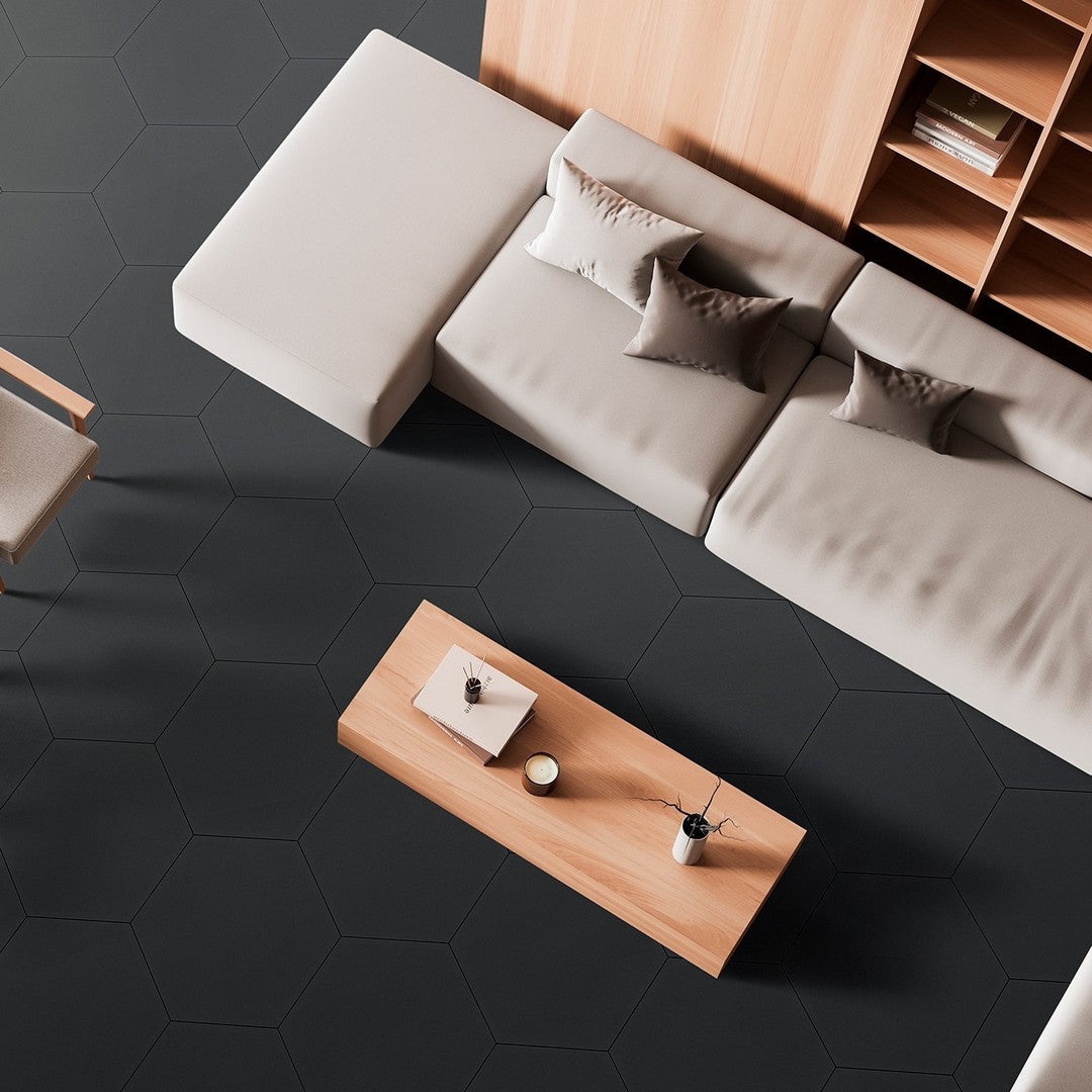 Tesoro-Mayan-20.5-x-23.5-Pressed-Matte-Hexagon-Porcelain-Tile-Black