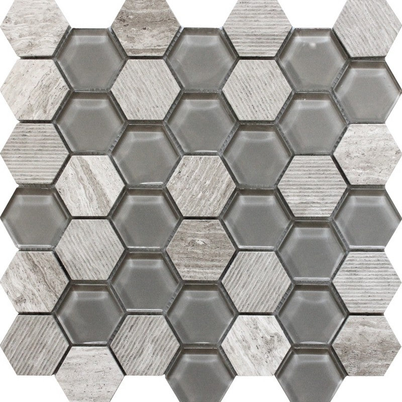 MiR Bali 11.8" x 12" Glass & Stone 1.9" Hexagon Mosaic