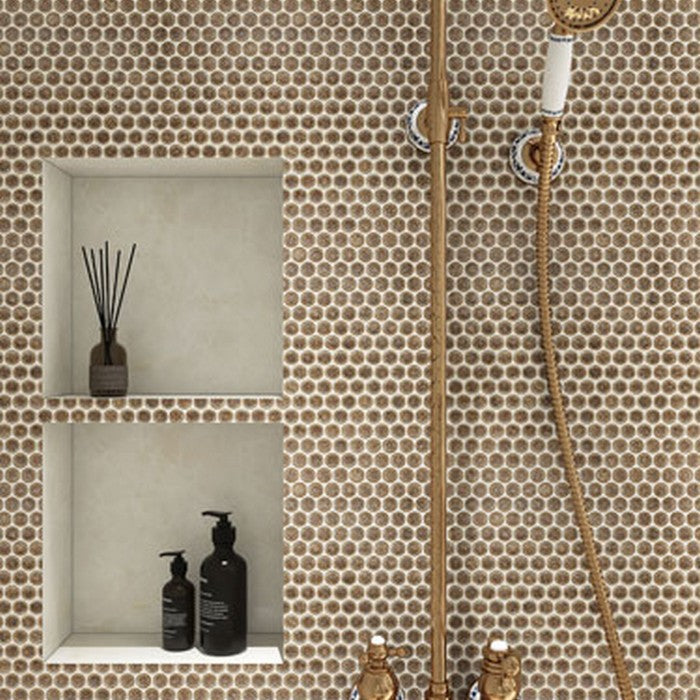 Maniscalco-Stone-Chameleon-11.2-x-12.5-Glossy-Porcelain-3x4-Penny-Round-Mosaic-Rustic-Sunset