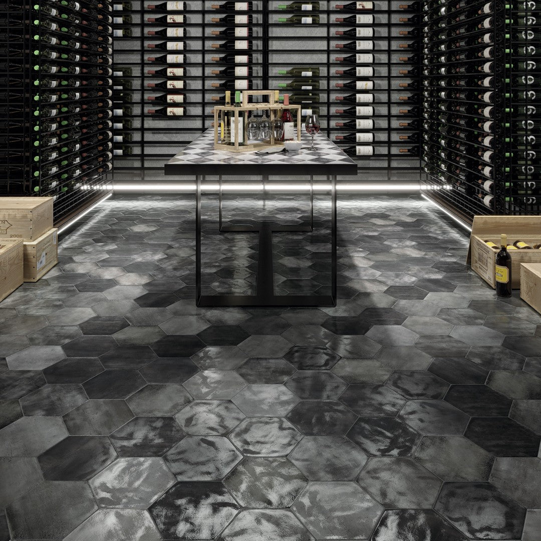 Tesoro-Fuoritono-9.25-x-10.75-Pressed-Glossy-Hexagon-Porcelain-Tile-Grigio