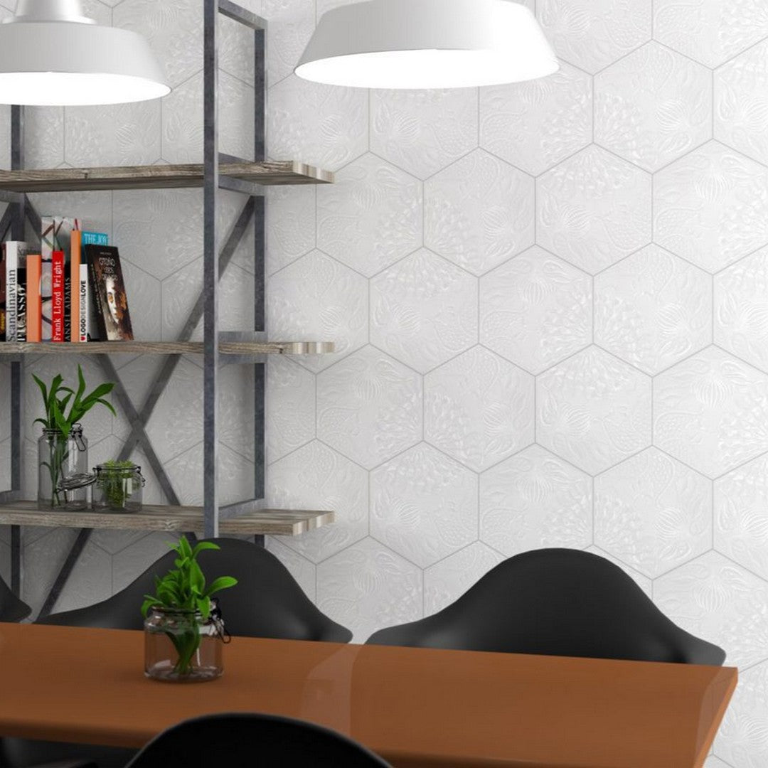 Tesoro-Gaudi-8.5-x-9.75-Pressed-Embossed-Hexagon-Porcelain-Tile-Lux-White