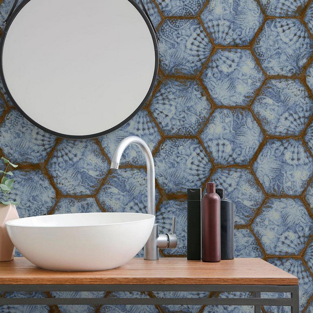 Tesoro-Gaudi-8.5-x-9.75-Pressed-Embossed-Hexagon-Porcelain-Tile-Reactive-Marina