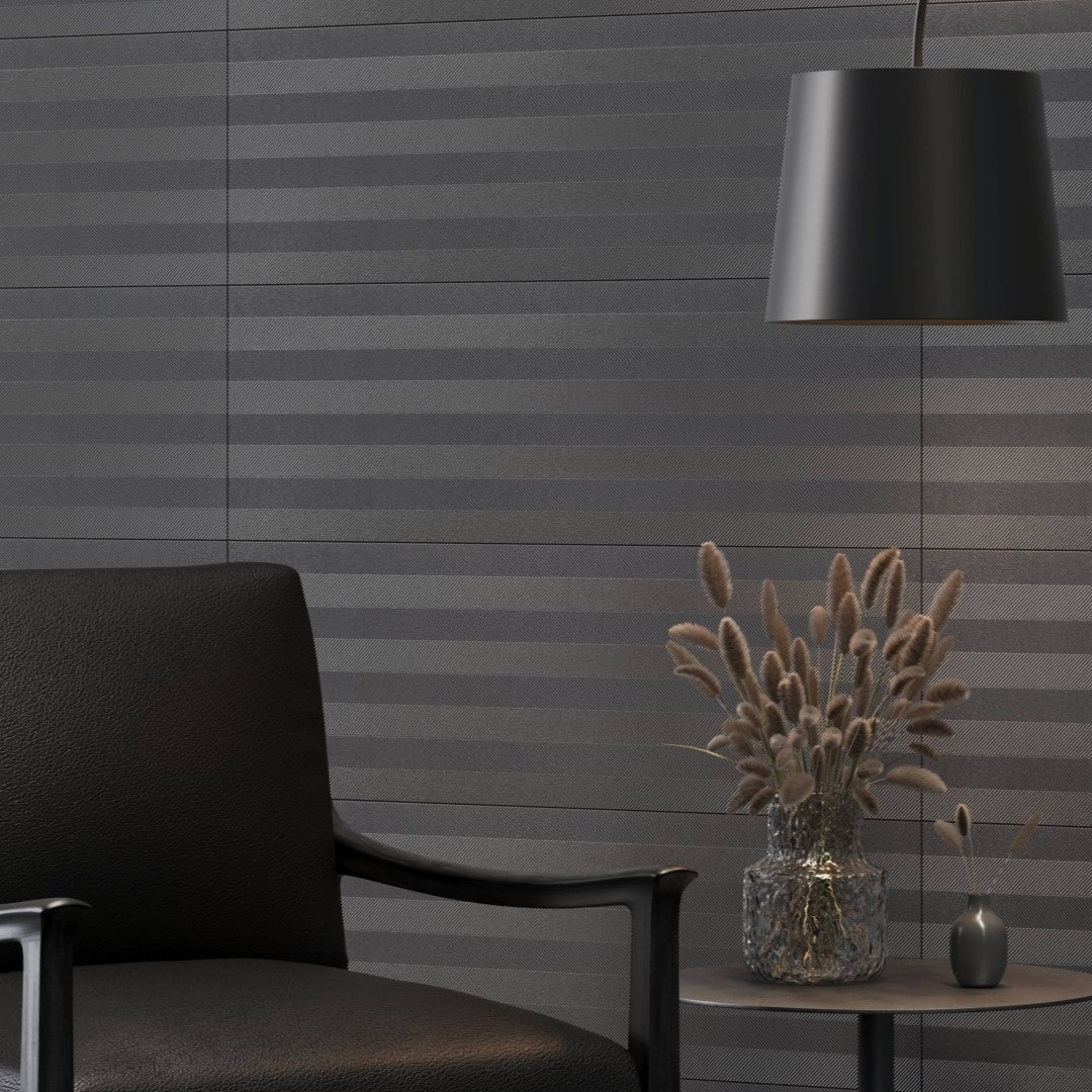 Decortiles-Metallics Wall Tile-12-x-36-Line-Linear-Pattern-Ceramic-Deco-Wall-Tile-Chumbo