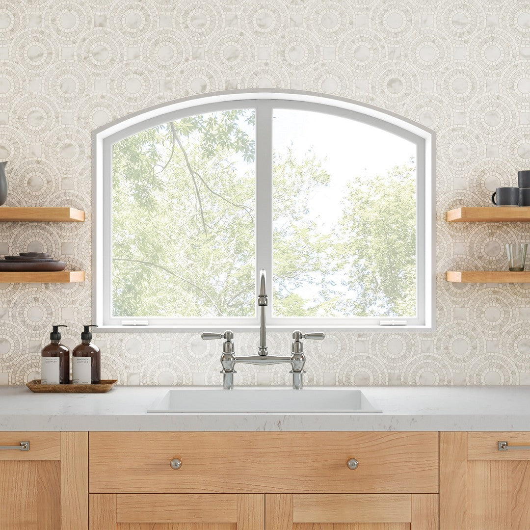 Bedrosians-Solis-14.25-x-14.25-Honed-Marble-Blend-Mosaic-White-Carrara-&-White-Thassos