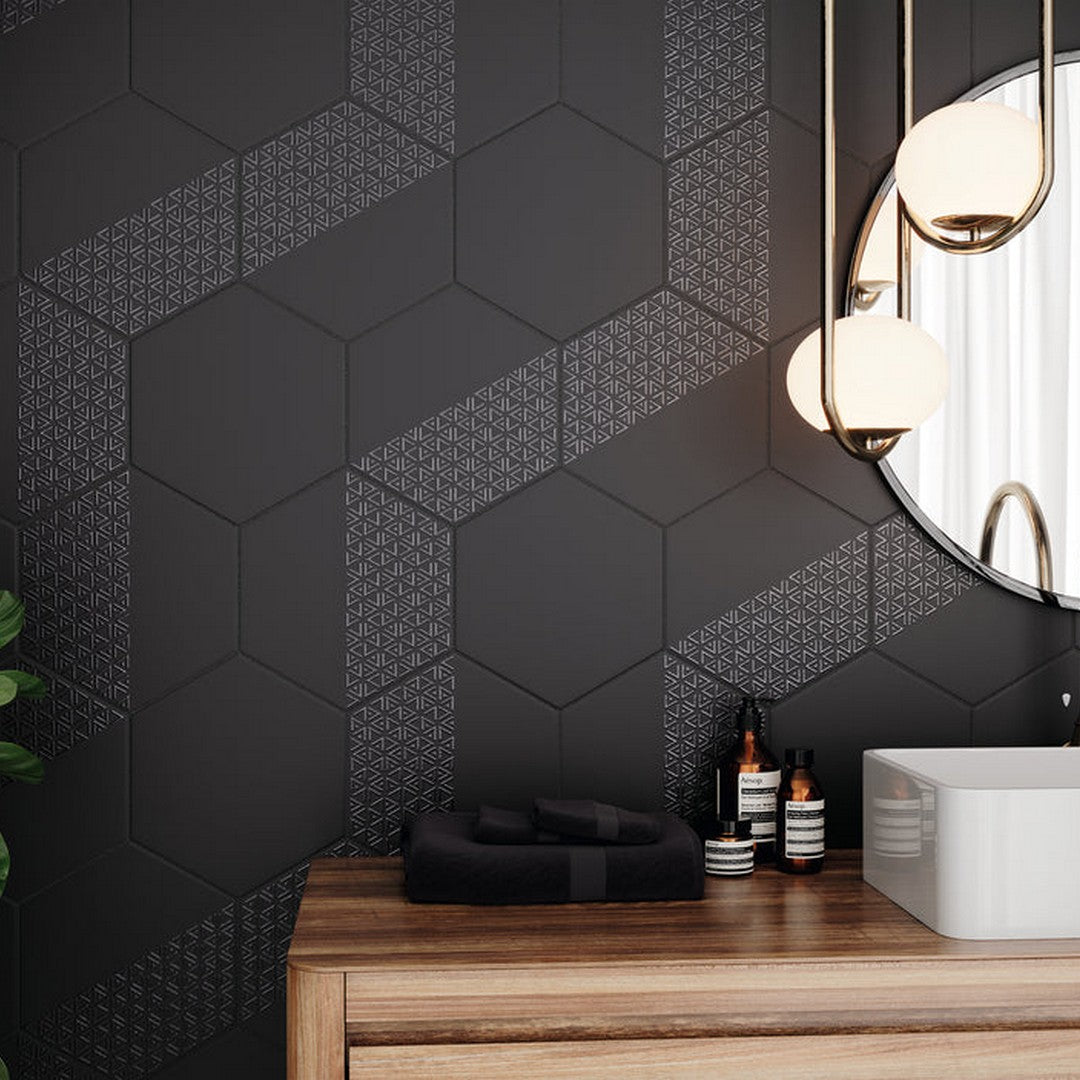 Emser-Rhythm-11-x-13-Matte-Porcelain-Pattern-Hexagon-Black-Hex-Pattern
