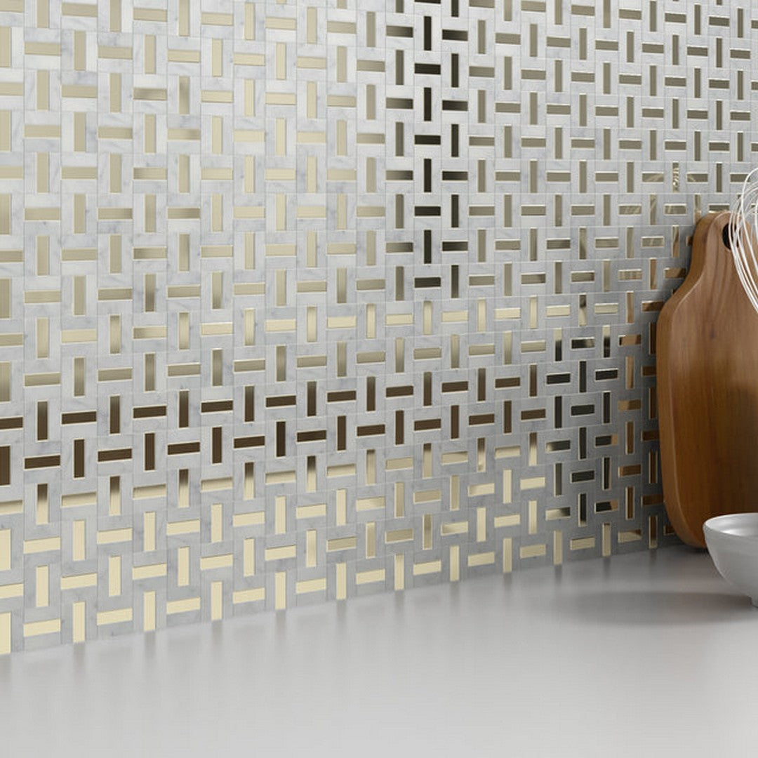 Emser-Link-12-x-17-Honed-Marble-Groutless-Mosaic-White-|-Gold