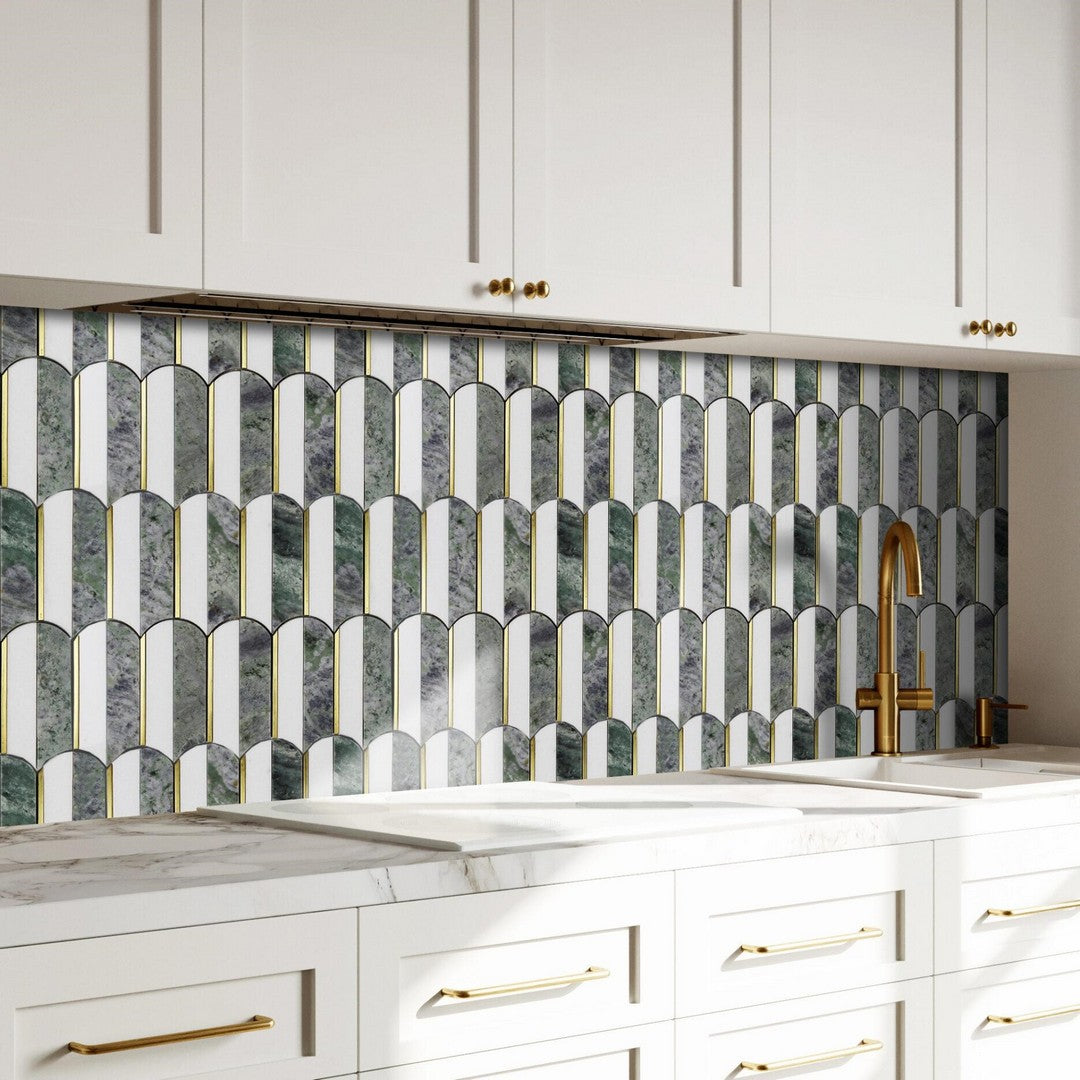 Tesoro-Showtime-13.5-x-10.25-Polished-Waterjet-Natural-Stone-Mosaic-Thassos-Green-Jade-With-Metal-Inlay