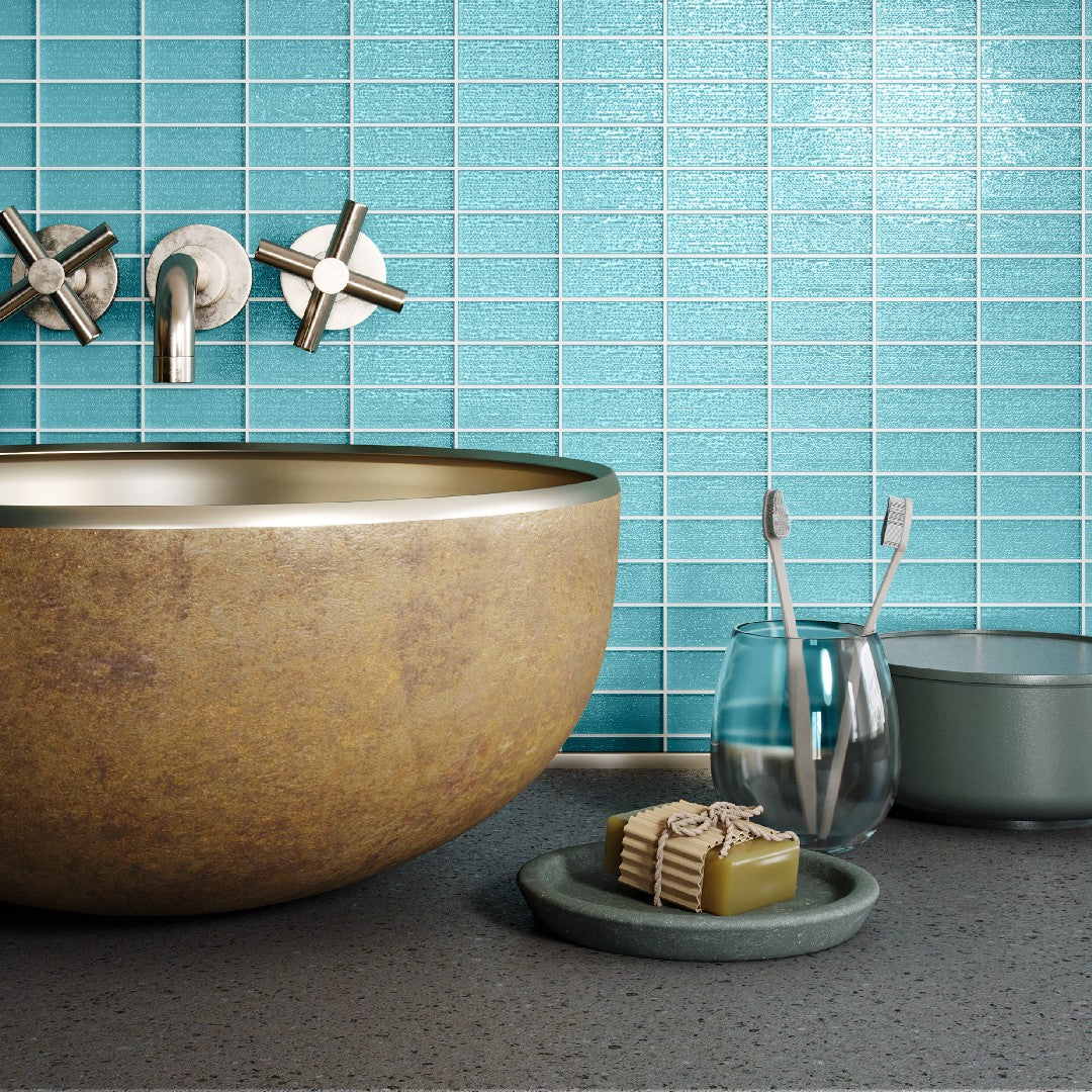 Island Stone-Cascade-12-x-12-Gloss-Textured-Glass-1x2-Straight-Stack-Mosaic-Azure