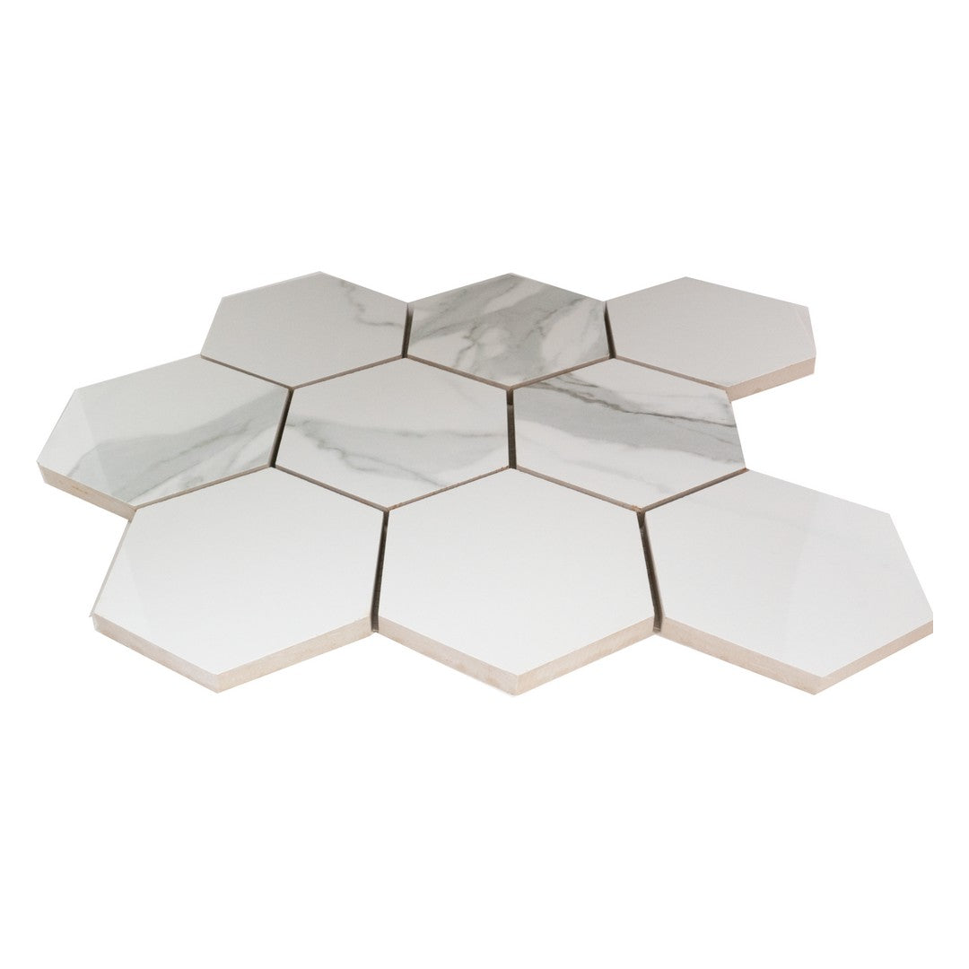Keystone-Marble-Statuario-12"-x-12"-Polished-Porcelain-Hex-Mosaic-Marble-Statuario