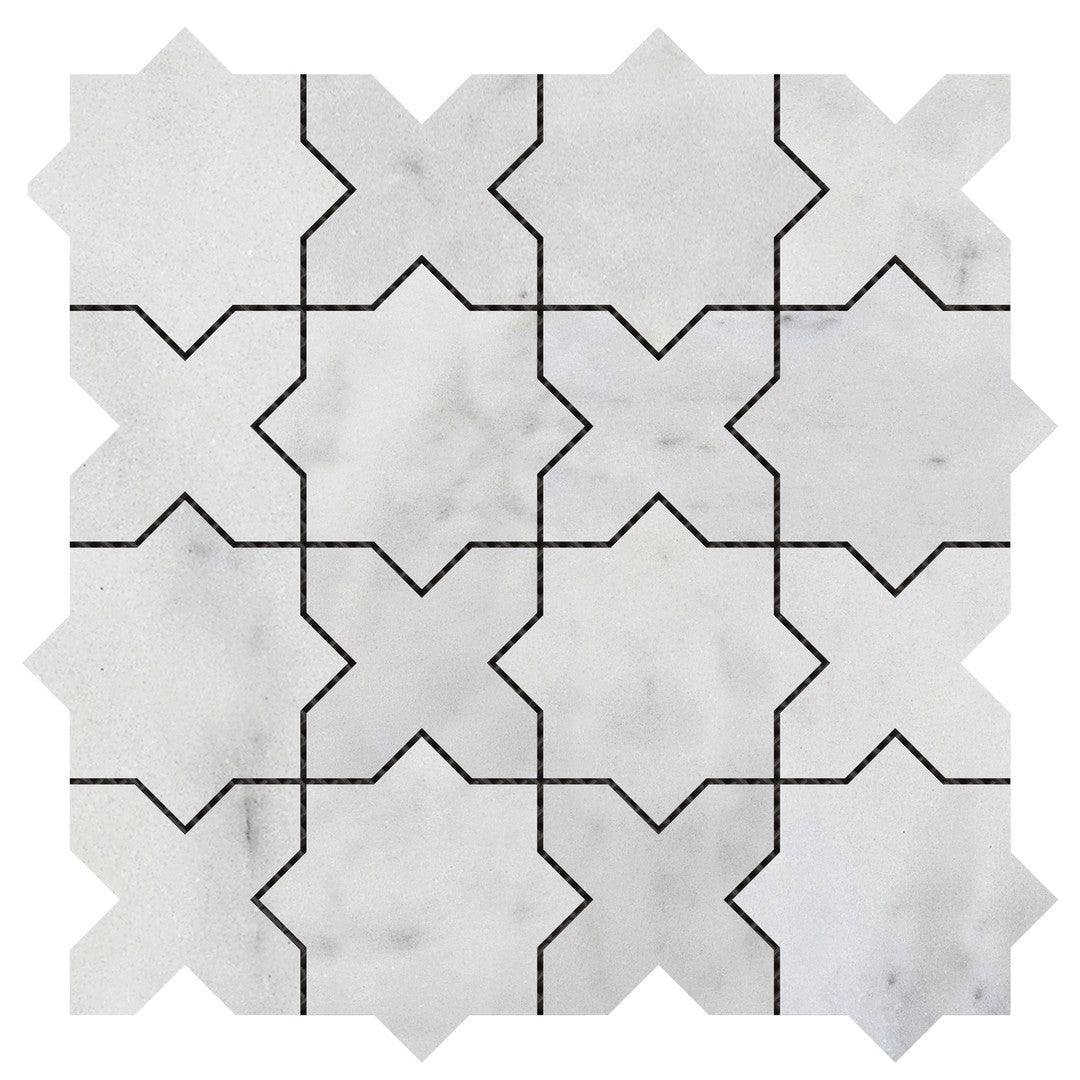 Bati Orient White & Grey Marble Classic 12" x 12" Interlocking 3" Cross & Star Mosaic