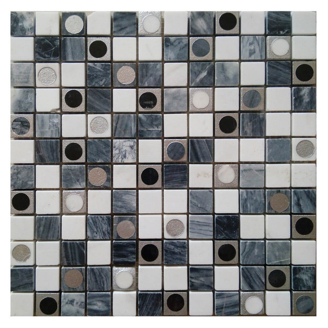 Bati Orient White & Grey Marble Classic 12" x 12" Mix Round Deco 1" Square Mosaic