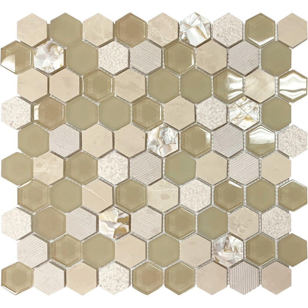 Bati Orient Terrazzo 11.6" x 12" Hexagon Mother Of Pearl, Glass & Marble Mosaic