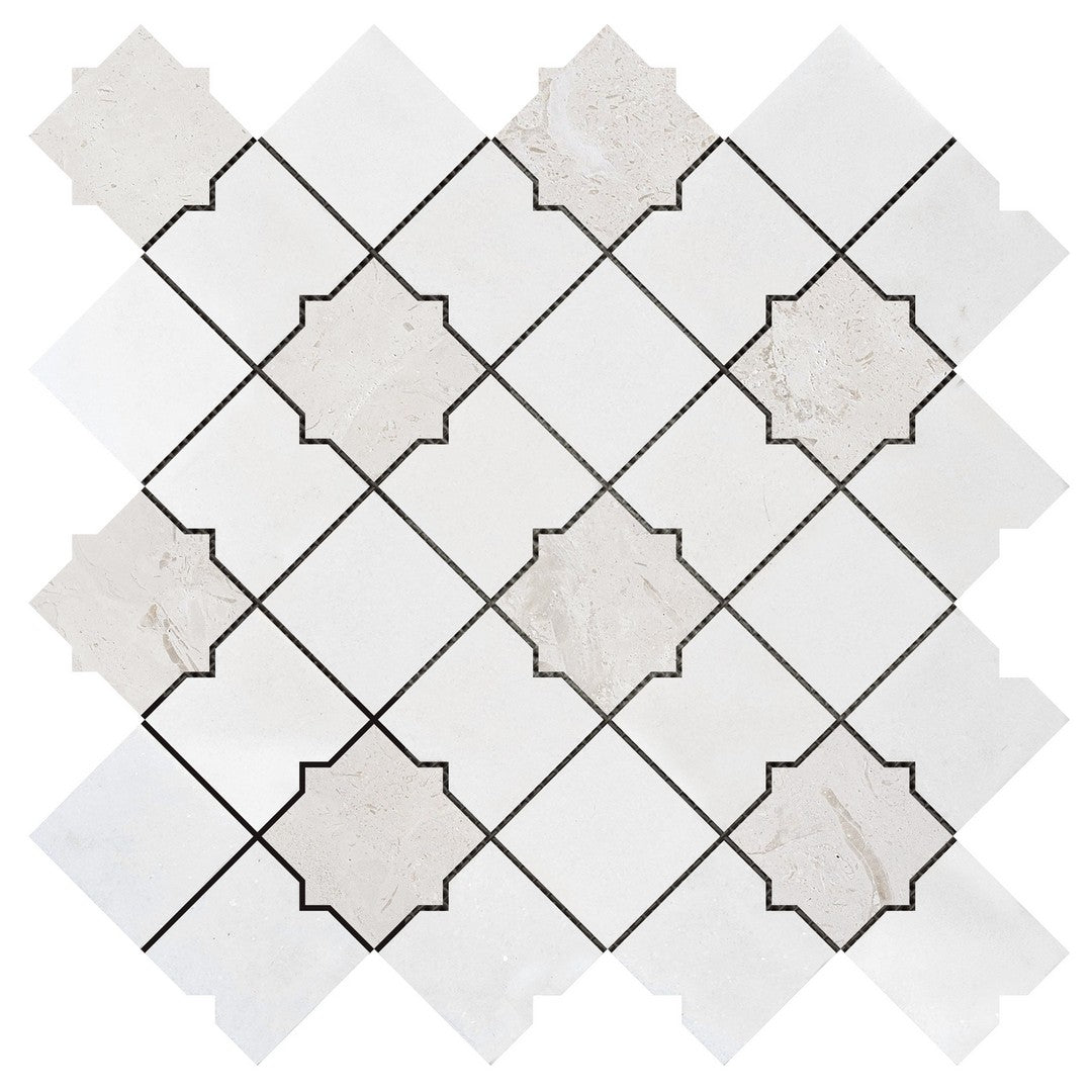 Bati Orient White & Grey Marble Classic 11.2" x 11.2" Interlocking Star & Square Marble Mosaic