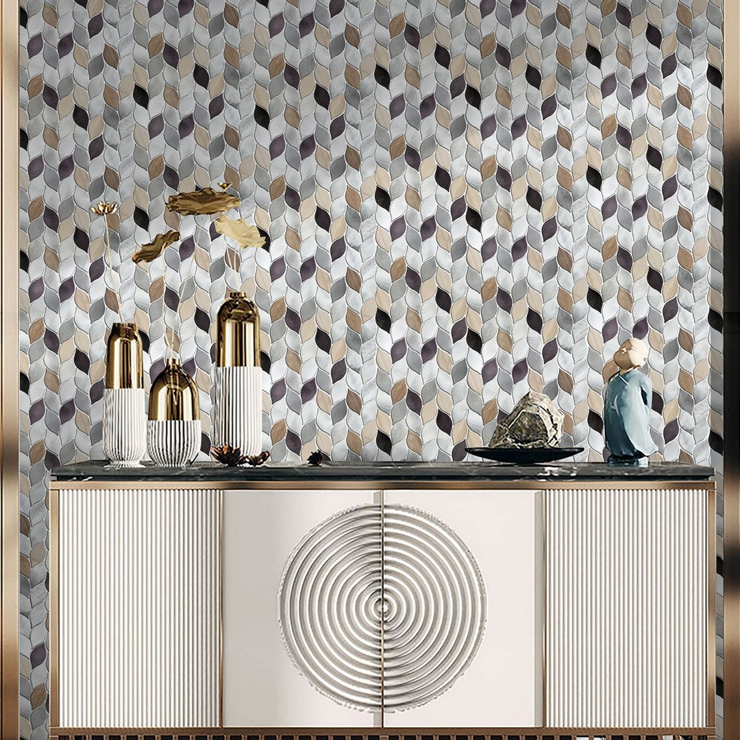 Bati-Orient-Metal-Art-11-x-12-Interlocking-Leaves-Aluminum-&-Marble-Mosaic-Silver-Grey-Brown