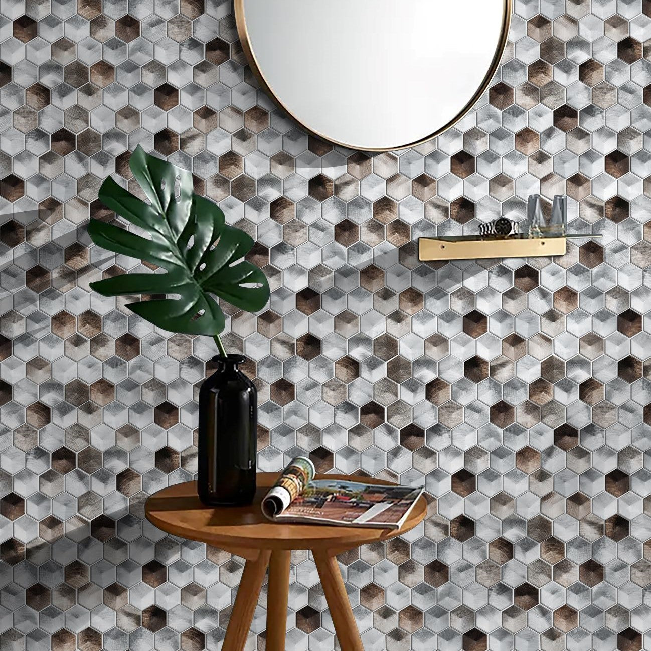 Bati-Orient-Metal-Art-12-x-12-Interlocking-Hexagon-Aluminum-Mosaic-Silver-Brown