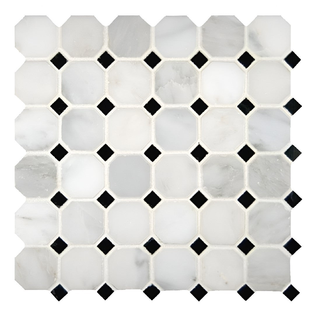 MS International Greecian White 12" x 12" Polished Octagon with Black Dots Marble Mosaic