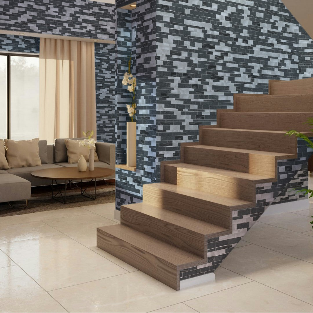 Qualis-Ceramica-Chelsea-12-x-12-Mixed-Material-Aluminum-Baguette-Mosaic-Grey-Black-Stone