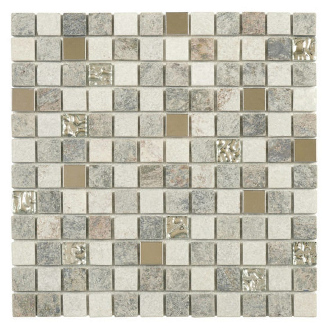 Qualis Ceramica Chelsea 12" x 12" Natural Stone 7/8" Glass Quartzite And Metal Decor Mosaic