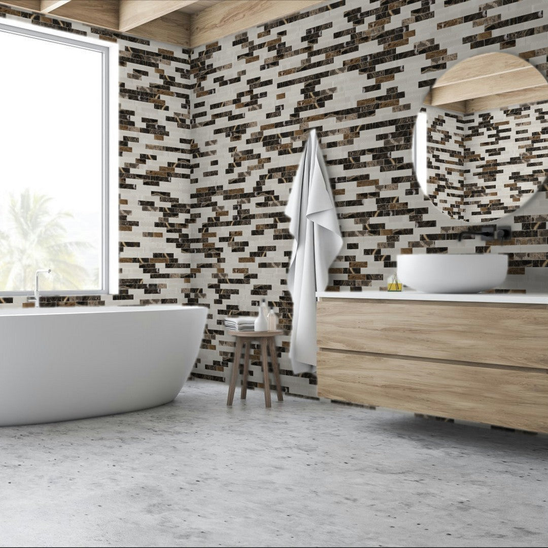Qualis-Ceramica-Chelsea-11.9-x-12.1-Glass-Marble-Mix-Baguette-Mosaic-Brown-Marble-Beige-Glass