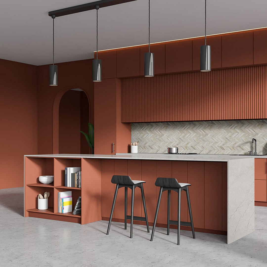 MS International Athen Gold Tile in Chevron Mosaic Pattern, Displaying backsplashes with it