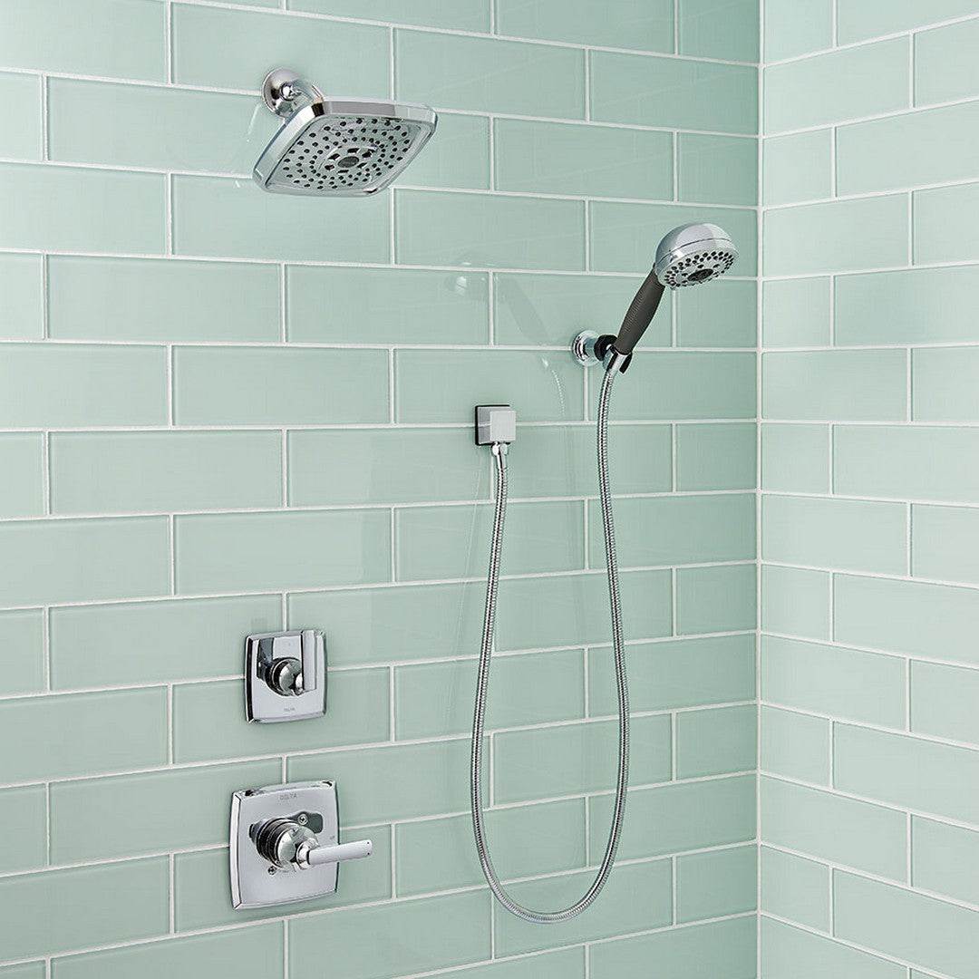 MSI Arctic Ice 4x12 glossy white glass tile installed on the shower wall with chrome fixtures