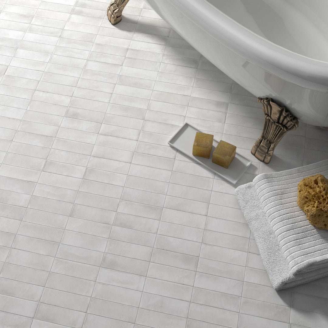 2x6 size porcelain tile on floors with bathtub, white color 2x6 porcelain tile
