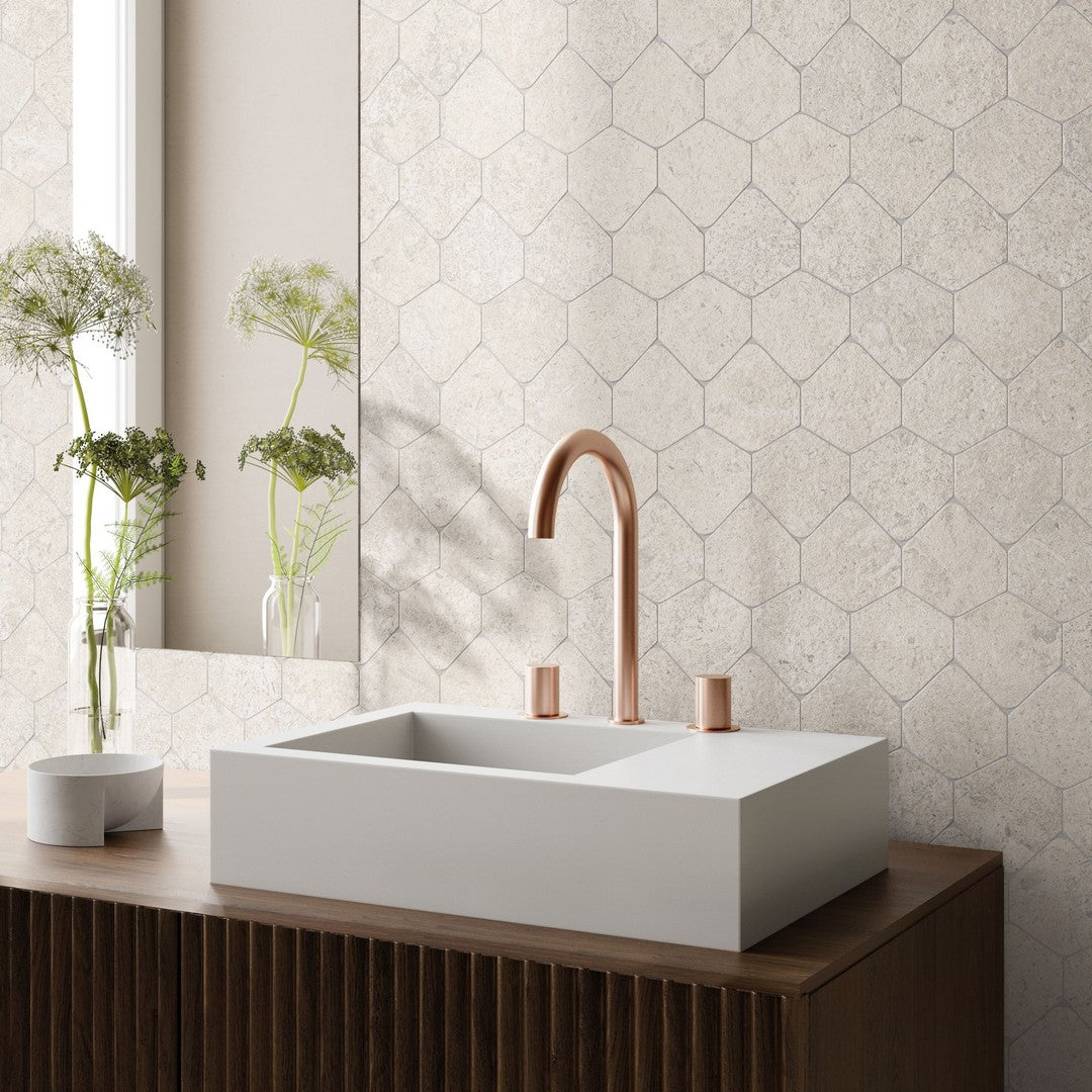 Tesoro-Kalkarea-12-x-12-Matte-3-Hexagon-Porcelain-Mosaic-Ivory