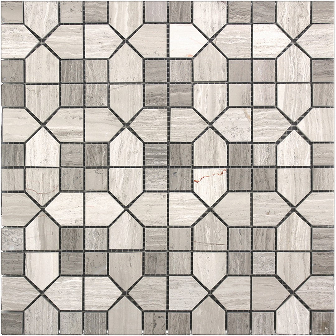MiR Savannah 12" x 12" Wooden Grey Light & Dark Polished Natural Stone Mosaic