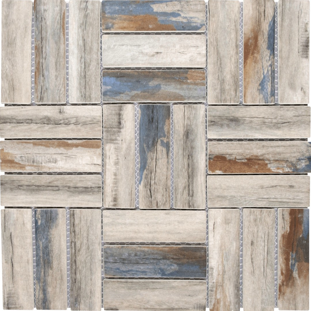 Bati Orient Linear Glass 11.7" x 11.7" Matte Stacked Square Wood Look Mosaic