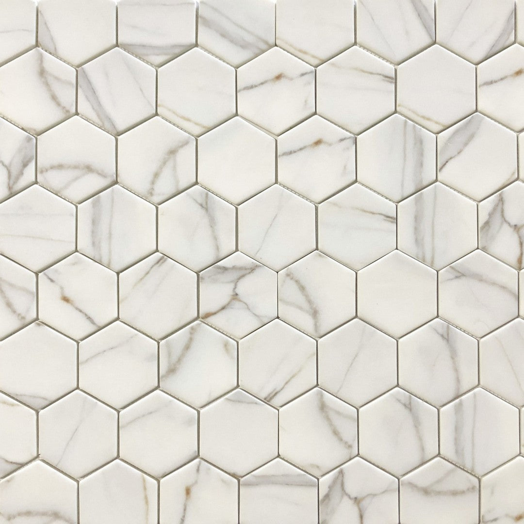 Ottimo-Verona-11-x-13-Matte-Glass-Hexagon-Mosaic-Gold-Calacatta-Oro