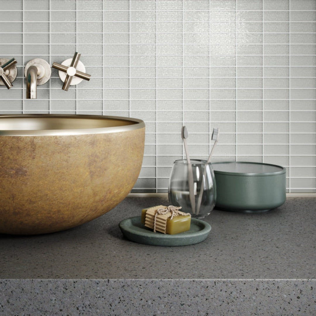 Island Stone-Cascade-12-x-12-Gloss-Textured-Glass-1x2-Straight-Stack-Mosaic-Fog