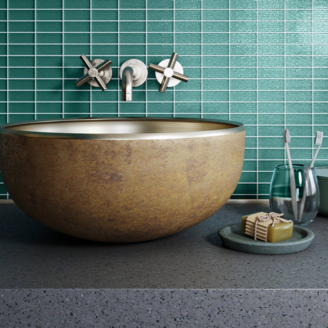 Island Stone-Cascade-12-x-12-Gloss-Textured-Glass-1x2-Straight-Stack-Mosaic-Lagoon