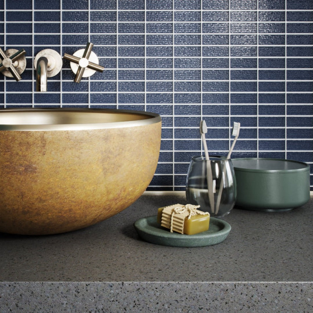 Island Stone-Cascade-12-x-12-Gloss-Textured-Glass-1x2-Straight-Stack-Mosaic-Midnight