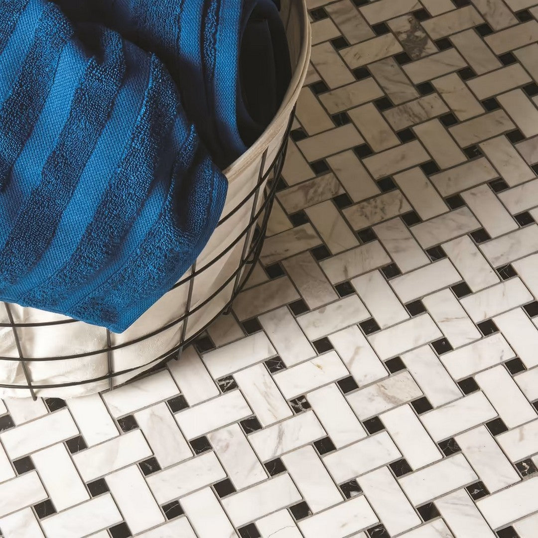 Rickert-Durstone-11.81-x-11.81-Polished-Porcelain-Mosaic-Agata-White-w-Black-Dot-Basketweave