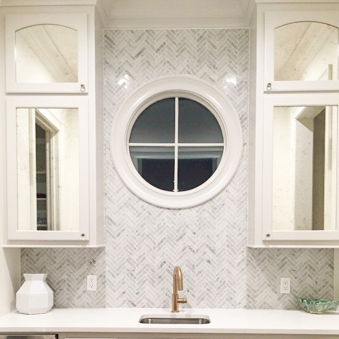 Rickert-Carrara-12-x-12-Polished-Marble-1x4-Mosaic-Herrnigbone