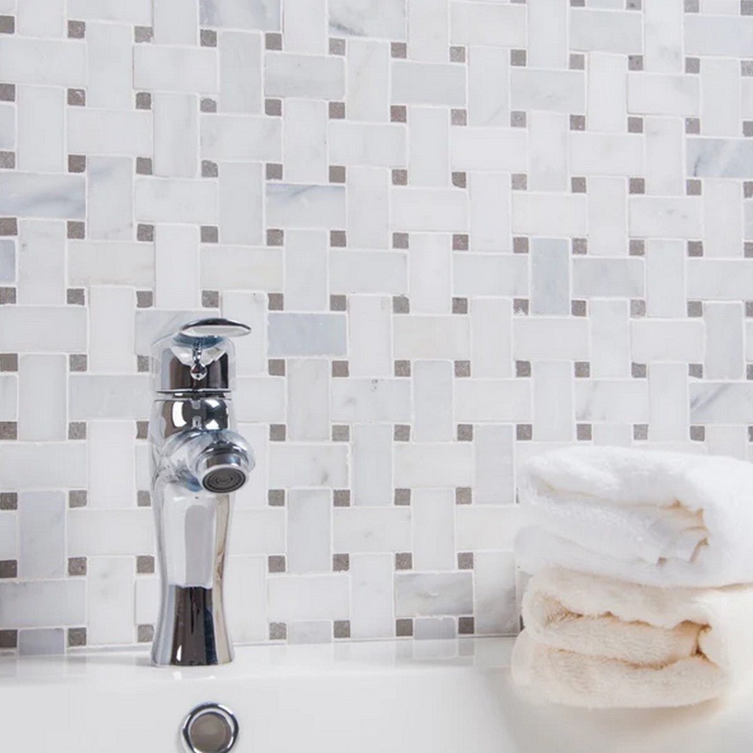 Rickert-Oriental-Basketweave-12-x-12-Polished-Marble-Mosaic-White-Basketweave-w/-Grey-Lady-Dot