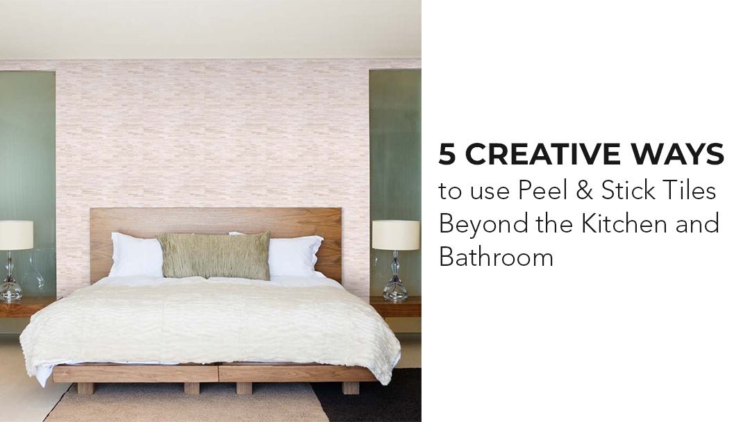 Picture is showing bedroom with a feature wall, wall have peel and stick tiles installated, and it is discussing creative ways to use Peel and Stick Tiles