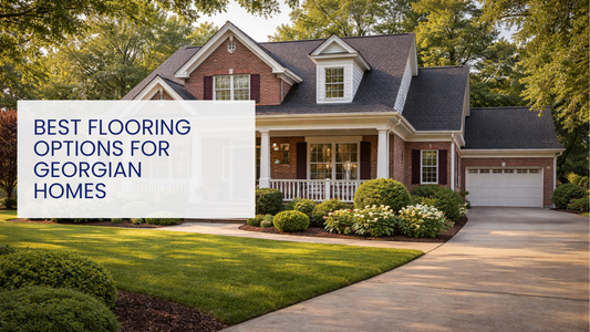 Image have a big size house with garden, Image is saying Best flooring options for Georgian Homes